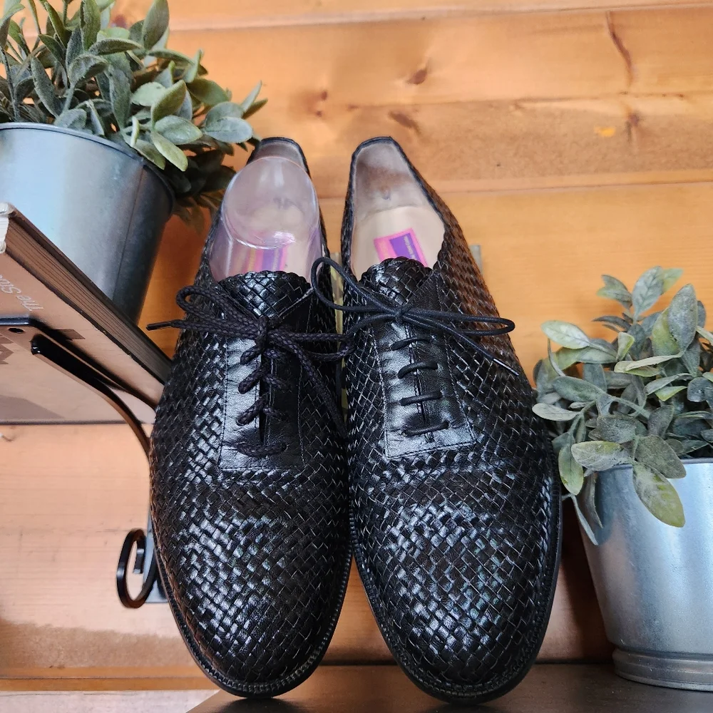 Susan Bennis Warren Edwards Vintage Black Basketweave Leather Oxford Shoes Sz 10